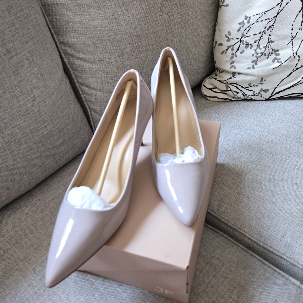 JustFab Glossy Nude Pointed Toe Heels